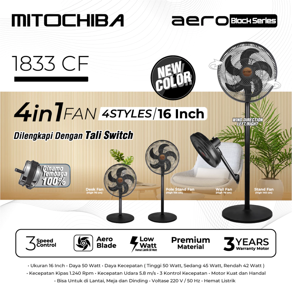 MITOCHIBA Kipas 1833CF Konsumsi Listrik Hanya 50 Watt, Hemat Energi!