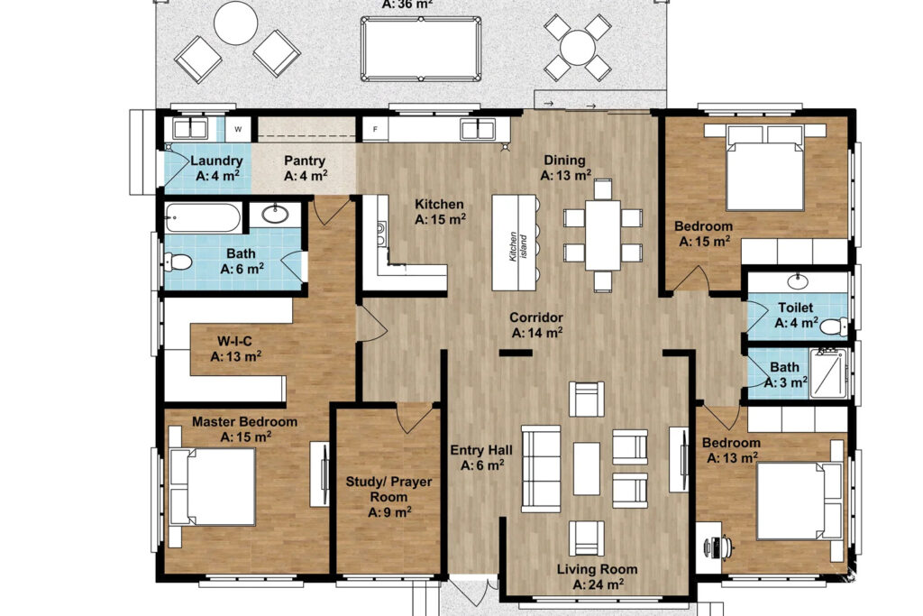 8 Denah Rumah 8x12 Ini Punya 3 Kamar dan Mushola, Tetap Terasa Lega dan Nyaman