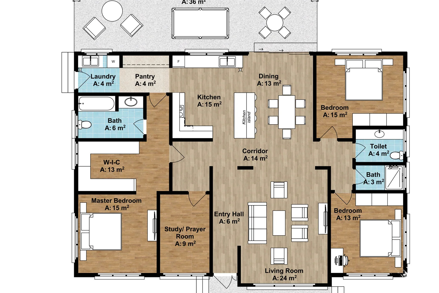 8 Denah Rumah 8x12 Ini Punya 3 Kamar dan Mushola, Tetap Terasa Lega dan Nyaman