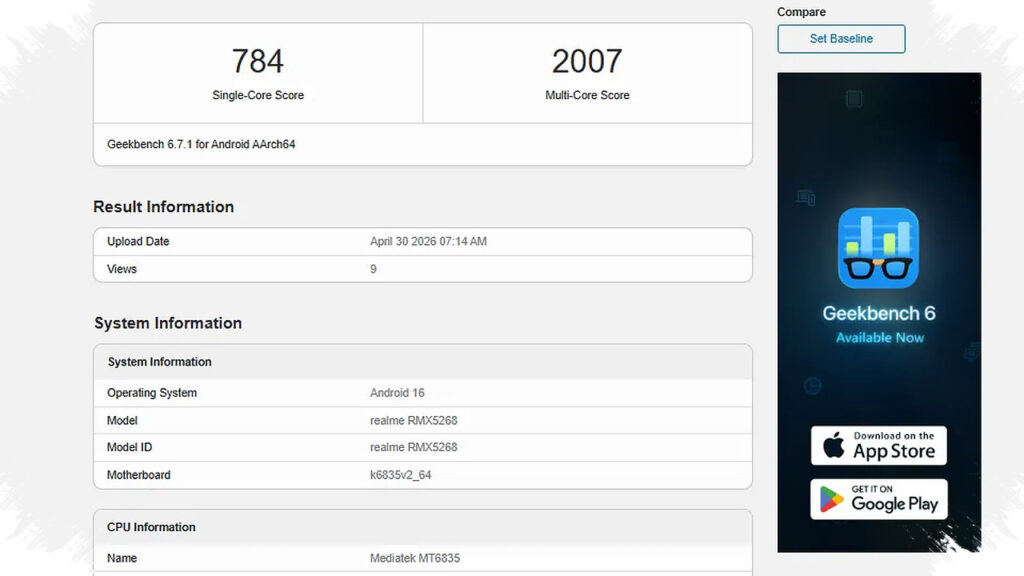 Realme 16T Muncul di Geekbench, Chipsetnya Malah Terlihat Lebih Rendah dari Pendahulunya
