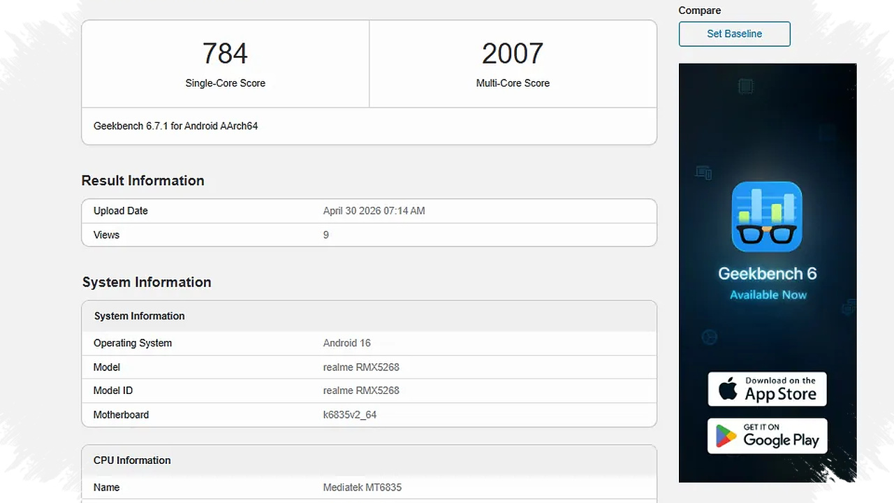 Realme 16T Muncul di Geekbench, Chipsetnya Malah Terlihat Lebih Rendah dari Pendahulunya